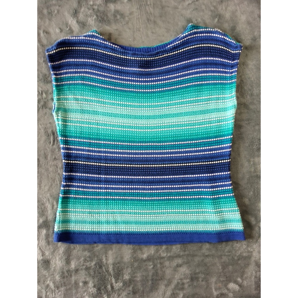 Chaps‎ Womens Blue Turquoise Striped Sleeveless Knit Sweater Top Large L